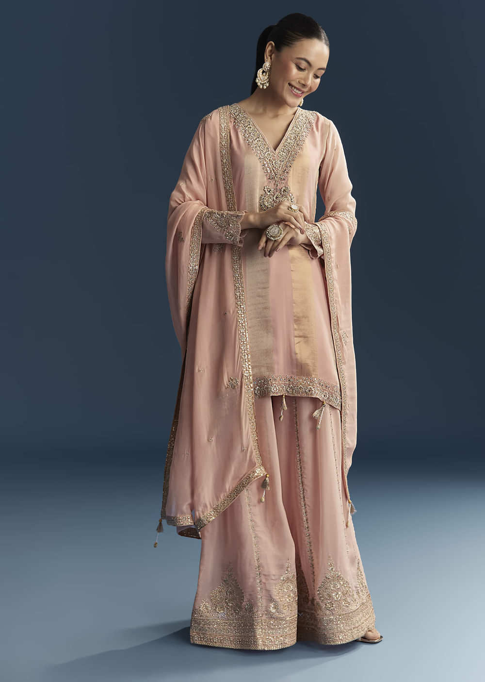 Pink Organza Palazzo Suit With Zari And Mirror Embroidery