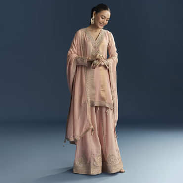 Pink Organza Palazzo Suit With Zari And Mirror Embroidery