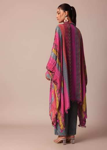 Pink Printed Kaftaan Set With Metal Coins Detailing