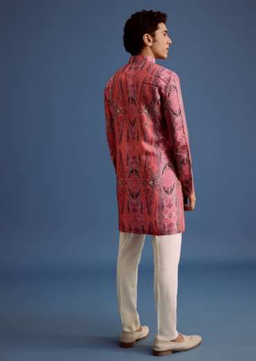 Pink Printed Art Silk Kurta For Men