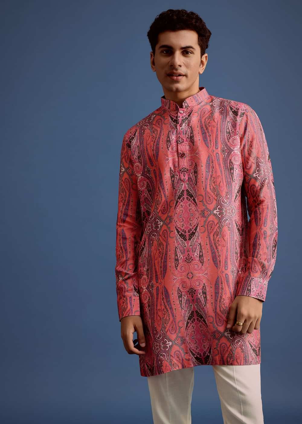 Pink Printed Art Silk Kurta For Men