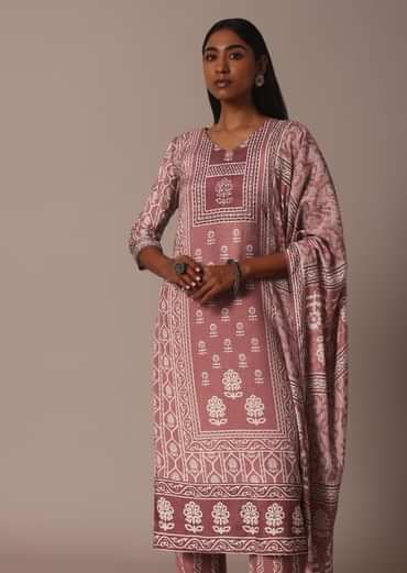 Pink Printed Kurti Pant Set With Embroidered Detail