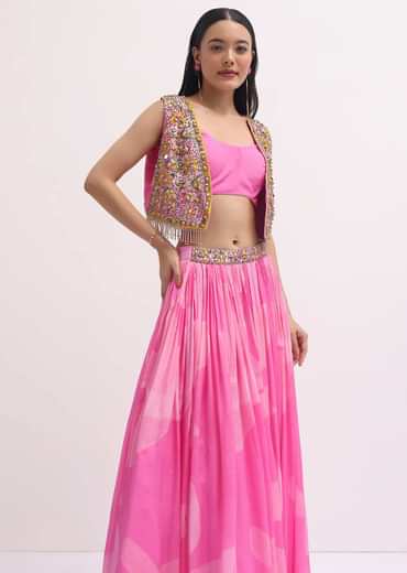 Pink Printed Lehenga Choli With Embroidered Jacket