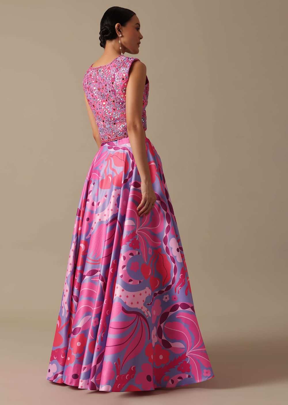 Pink Printed Lehenga Set With Mirror Work Jacket