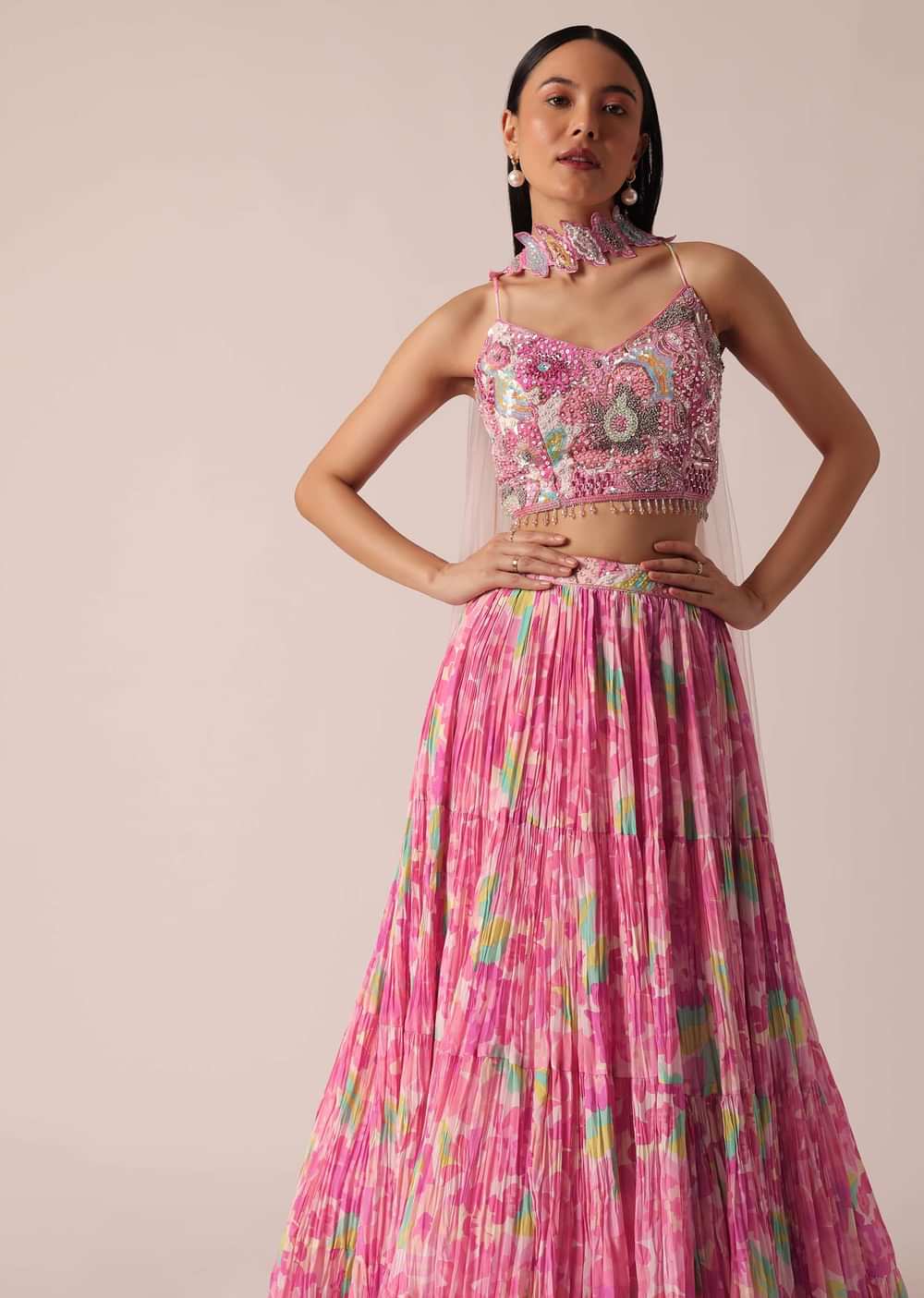 Pink Printed Lehenga Set With Ruffle Dupatta