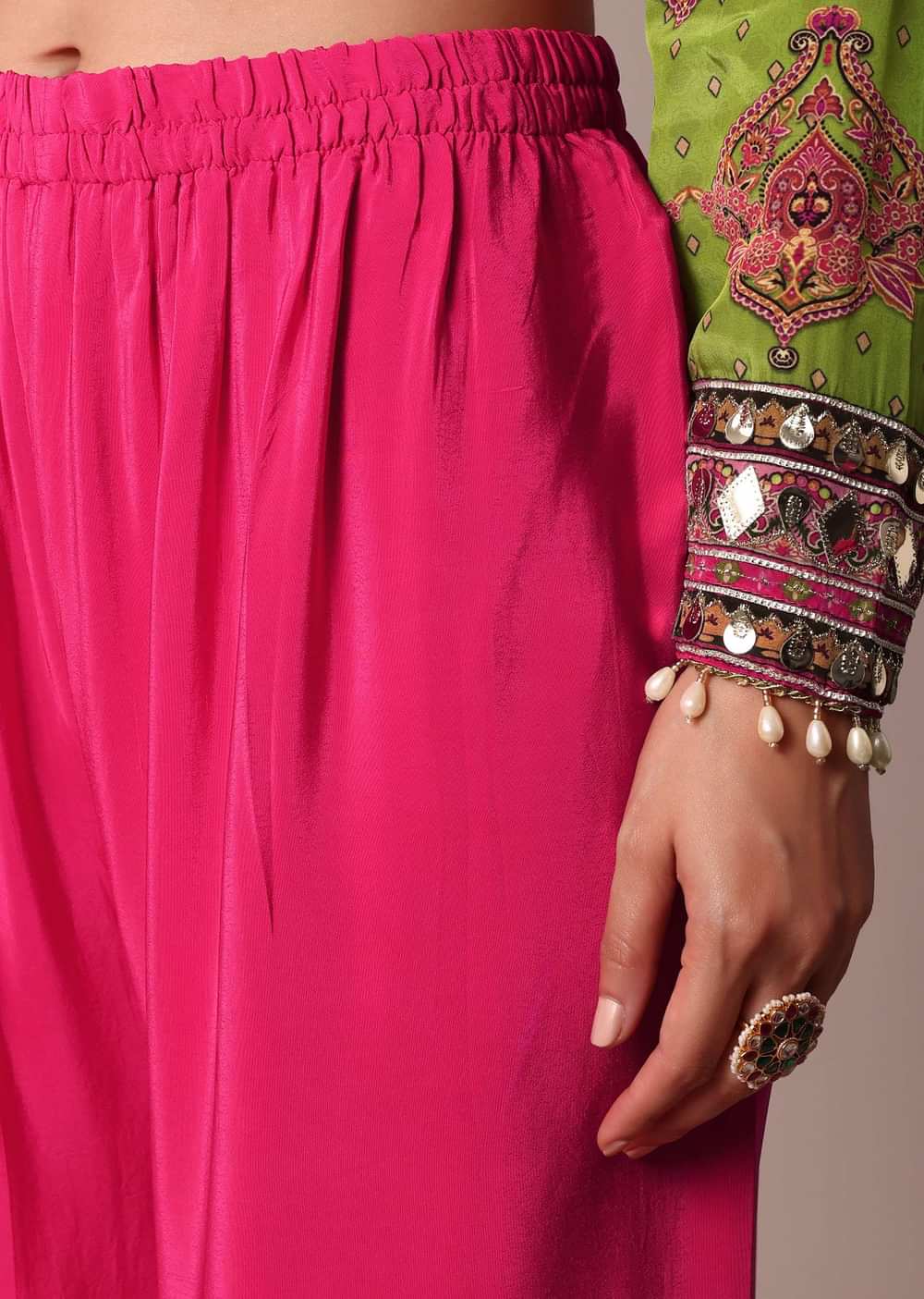 Pink Printed Palazzo Set With Zari Work Kurta