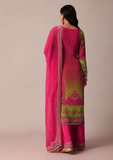 Pink Printed Palazzo Set With Zari Work Kurta