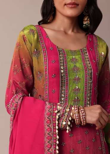 Pink Printed Palazzo Set With Zari Work Kurta