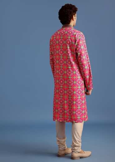 Pink Printed Pashmina Kurta Set For Men