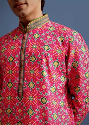 Pink Printed Pashmina Kurta Set For Men