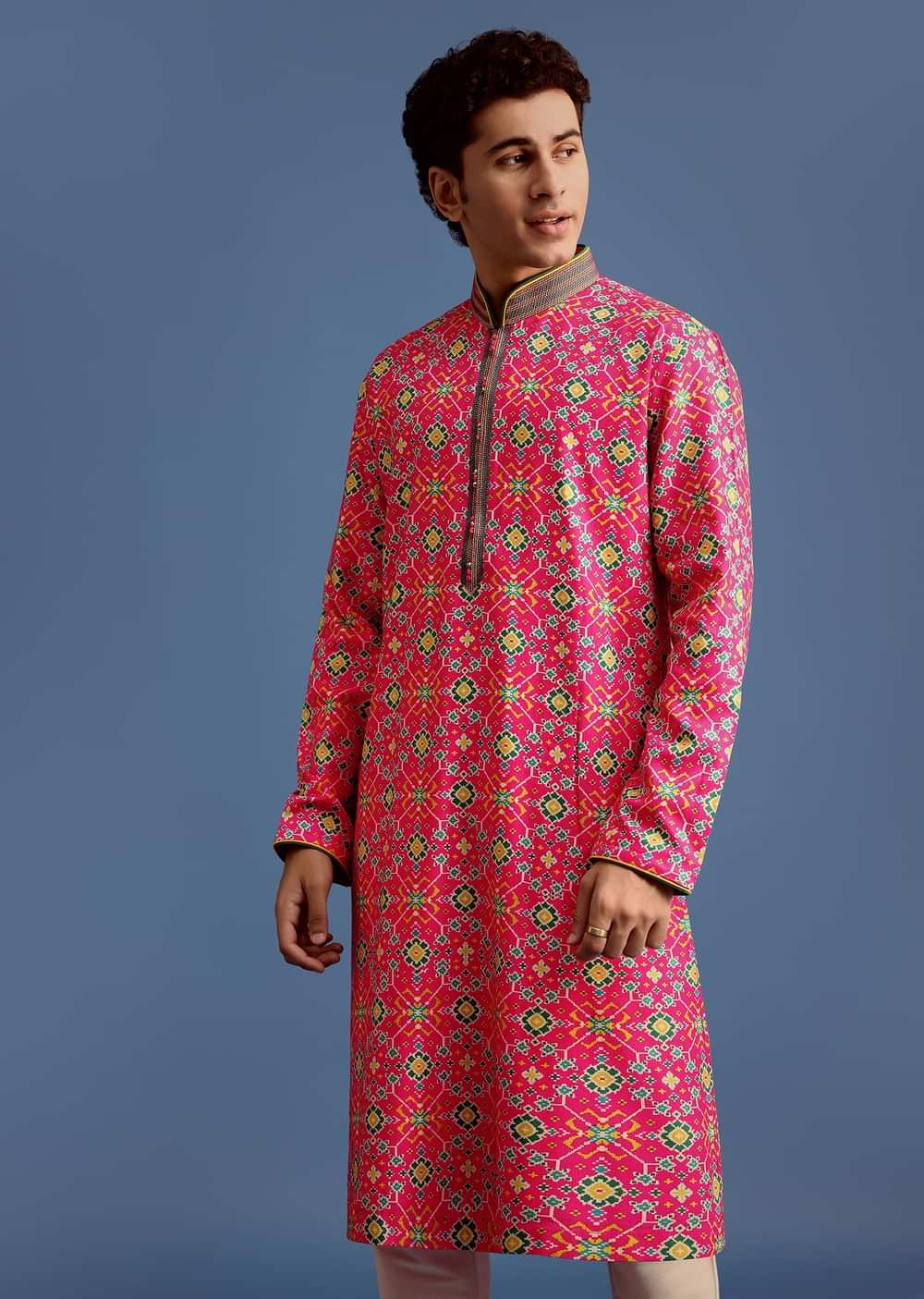 Pink Printed Pashmina Kurta Set For Men