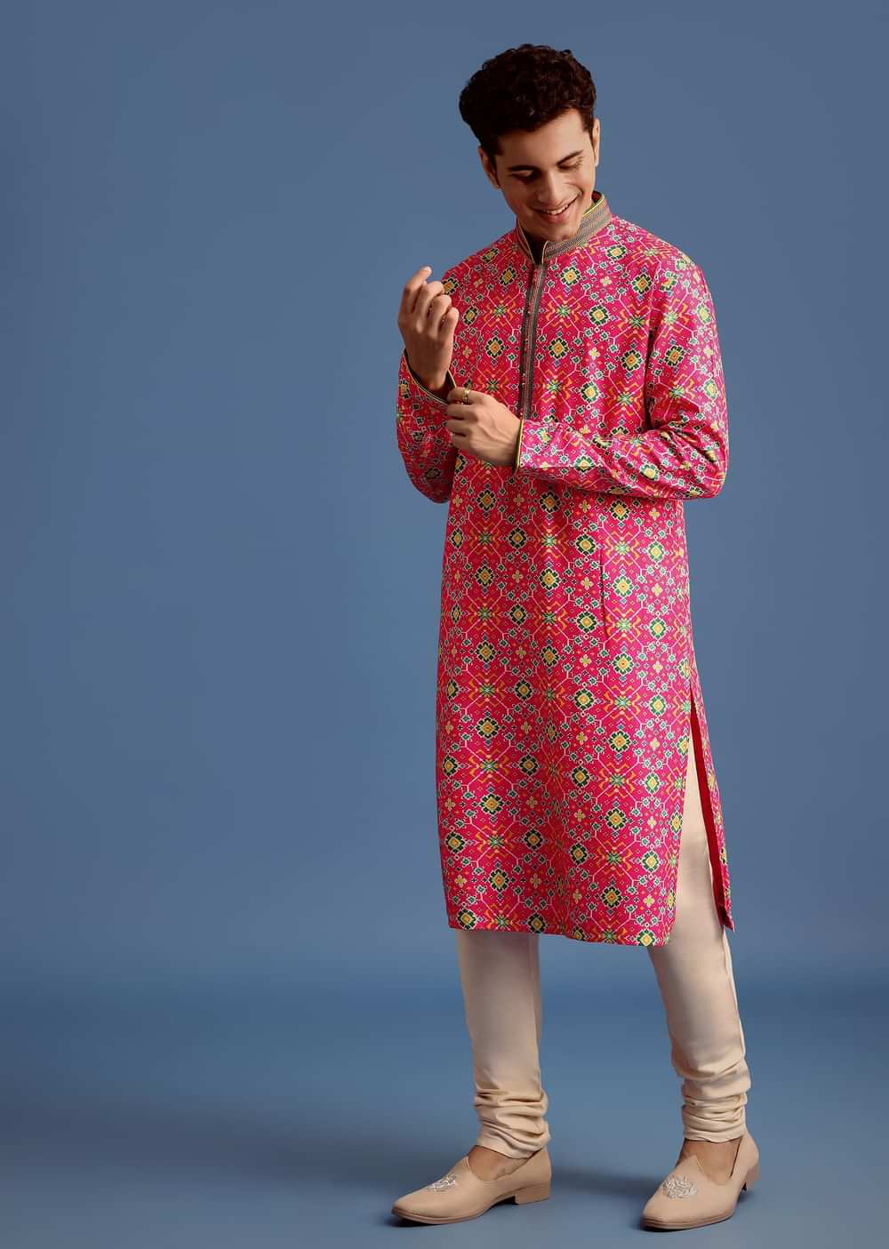 Pink Printed Pashmina Kurta Set For Men