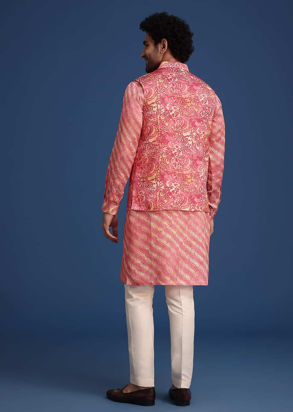 Pink Printed Silk Kurta Jacket Set
