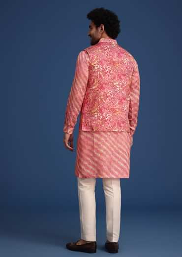 Pink Printed Silk Kurta Jacket Set