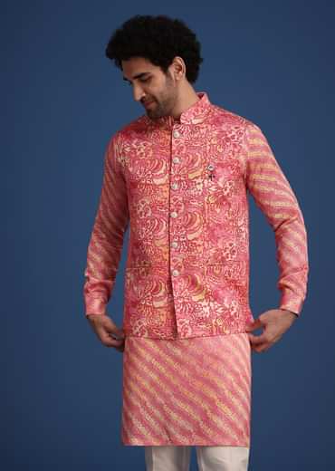 Pink Printed Silk Kurta Jacket Set