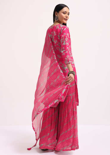 Pink Printed Tussar Kurta Sharara Set With Gotta Pati