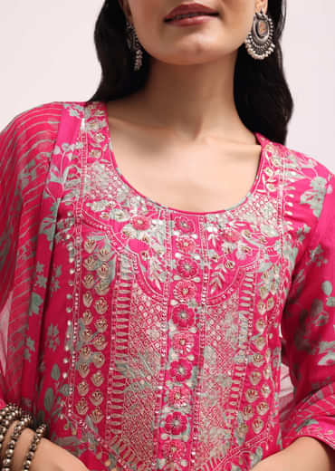 Pink Printed Tussar Kurta Sharara Set With Gotta Pati
