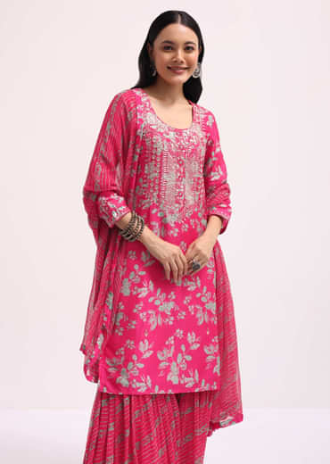 Pink Printed Tussar Kurta Sharara Set With Gotta Pati