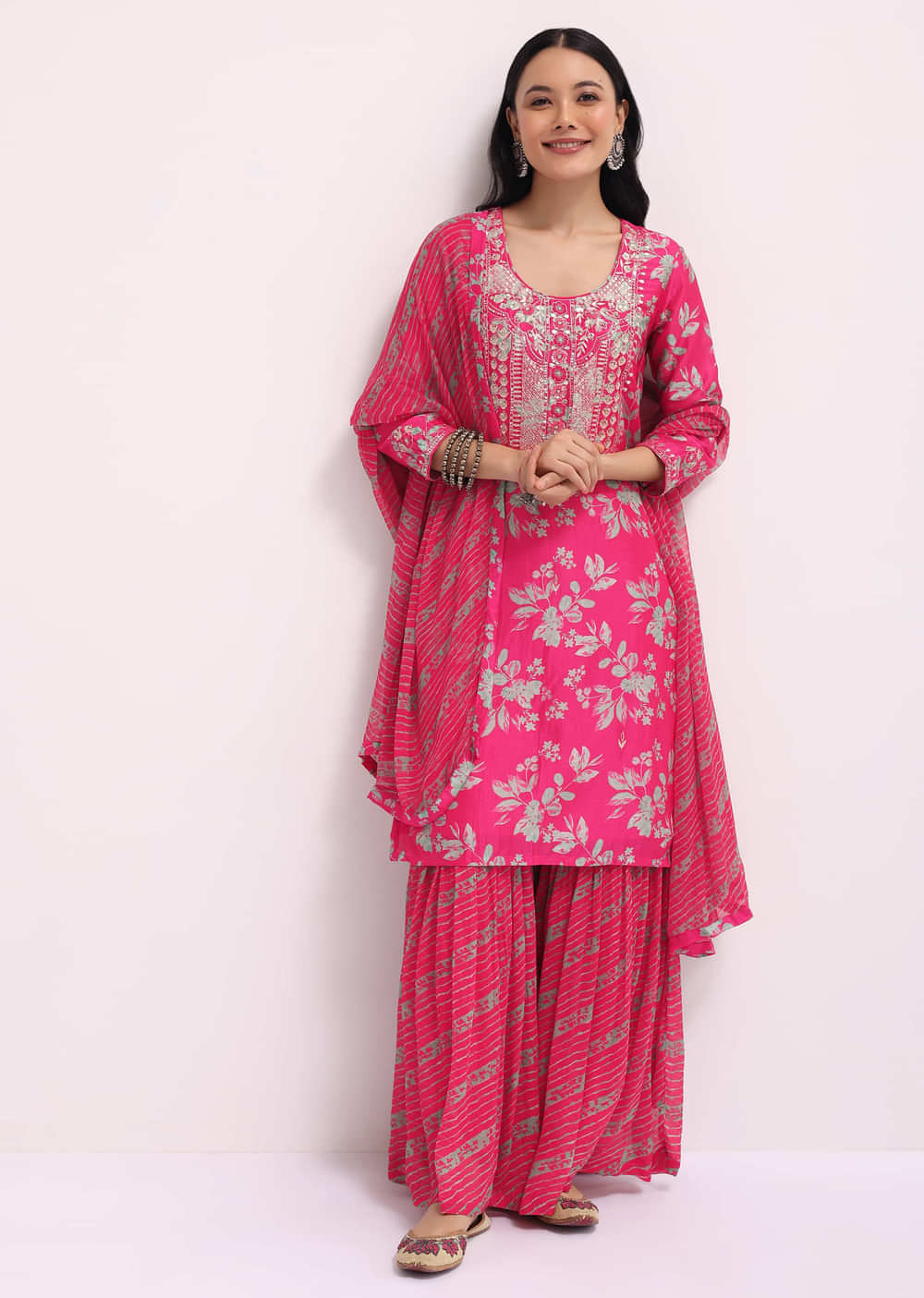 Pink Printed Tussar Kurta Sharara Set With Gotta Pati