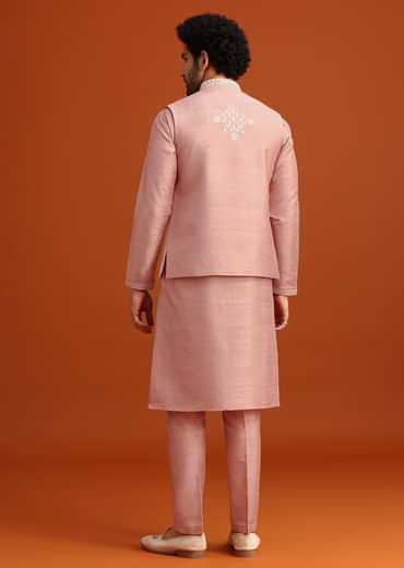Pink Raw Silk Jacket Kurta Set With Mirror Embellishments