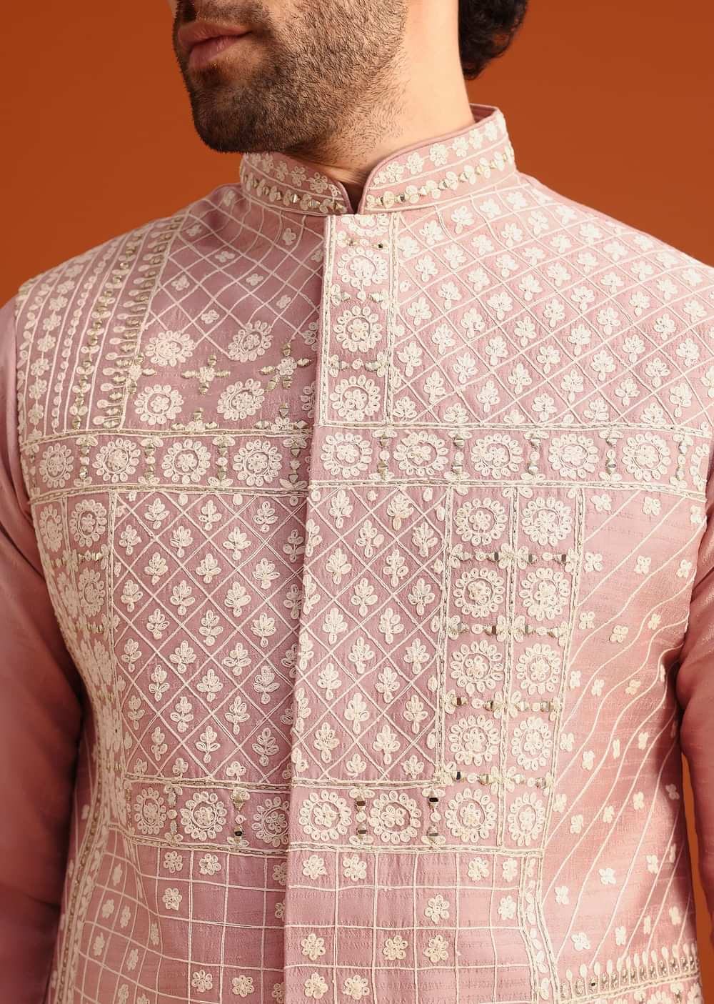Pink Raw Silk Jacket Kurta Set With Mirror Embellishments