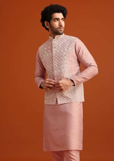 Pink Raw Silk Jacket Kurta Set With Mirror Embellishments