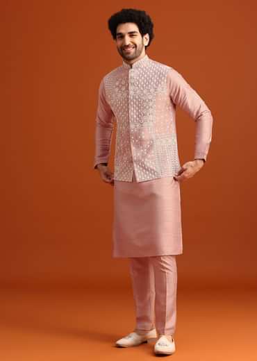 Pink Raw Silk Jacket Kurta Set With Mirror Embellishments