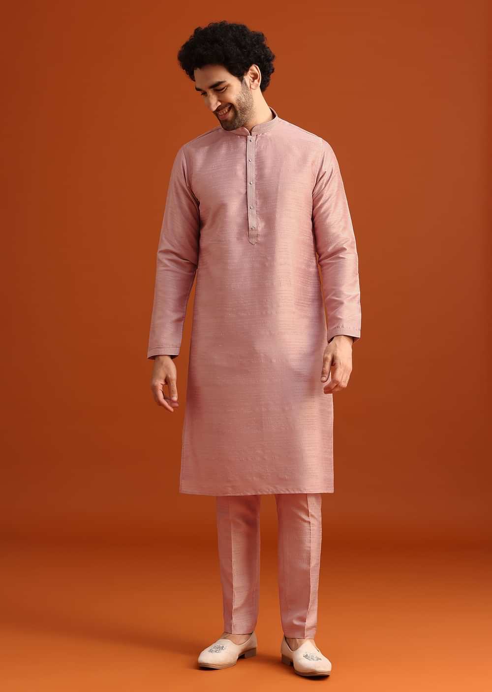 Pink Raw Silk Jacket Kurta Set With Mirror Embellishments