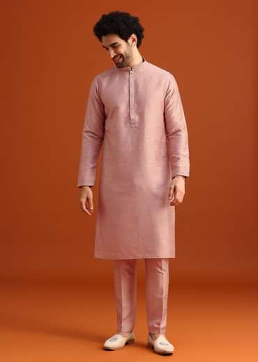 Pink Raw Silk Jacket Kurta Set With Mirror Embellishments