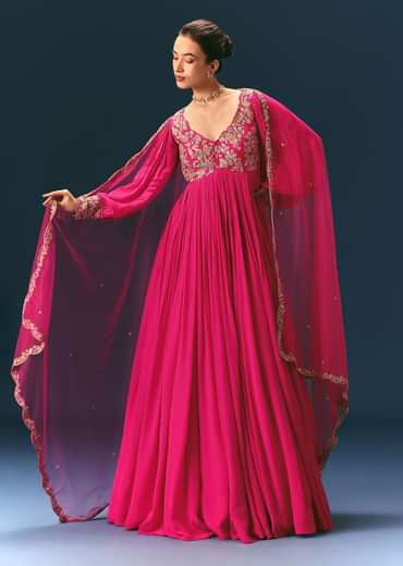 Pink Raw Silk Thread Embroidered Anarkali With Balloon Sleeves And Embroidered Dupatta