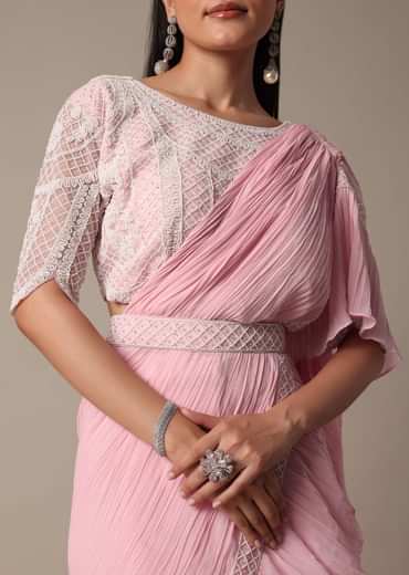 Pink Ready Pleated Frill Saree With Heavy Bead Work Blouse