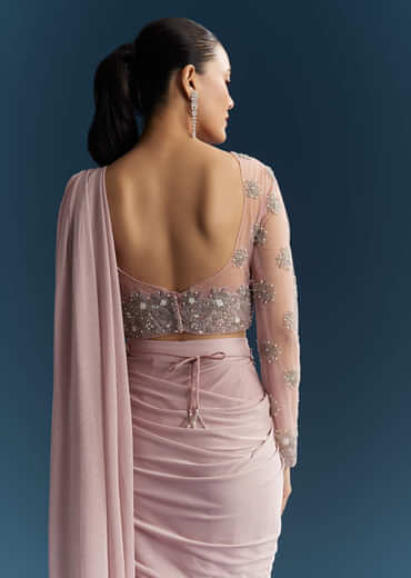 Pink Ready Pleated Saree With Beads And Moti Work