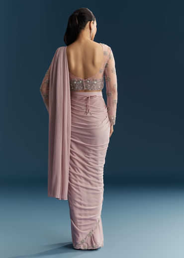 Pink Ready Pleated Saree With Beads And Moti Work