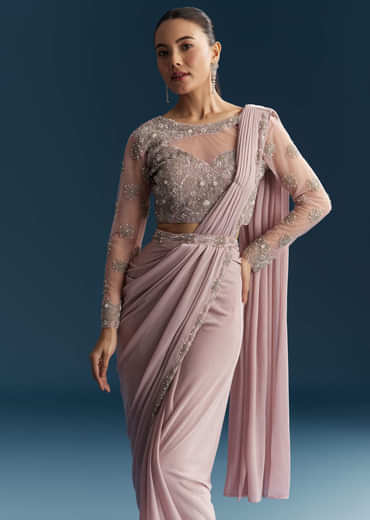 Pink Ready Pleated Saree With Beads And Moti Work