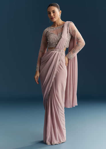 Pink Ready Pleated Saree With Beads And Moti Work