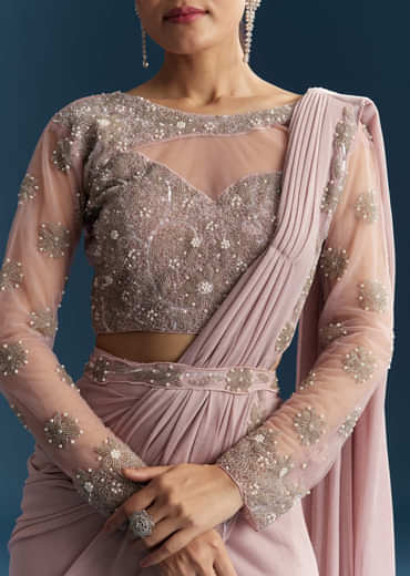 Pink Ready Pleated Saree With Beads And Moti Work