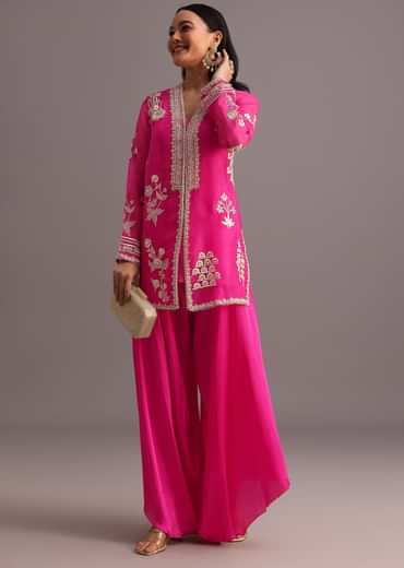Pink Resham Work Kurti Palazzo Suit