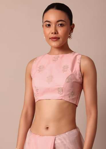 Pink Saree In Organza Silk With Chikankari Floral Work And Unstitched Blouse Fabric