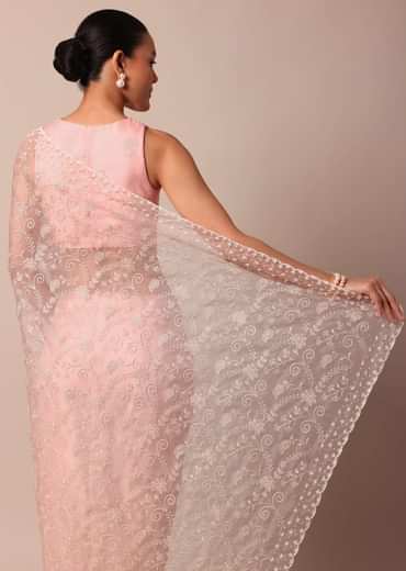 Pink Saree In Organza Silk With Chikankari Floral Work And Unstitched Blouse Fabric