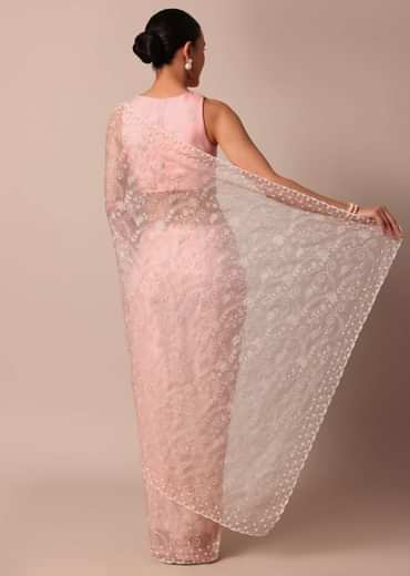 Pink Saree In Organza Silk With Chikankari Floral Work And Unstitched Blouse Fabric