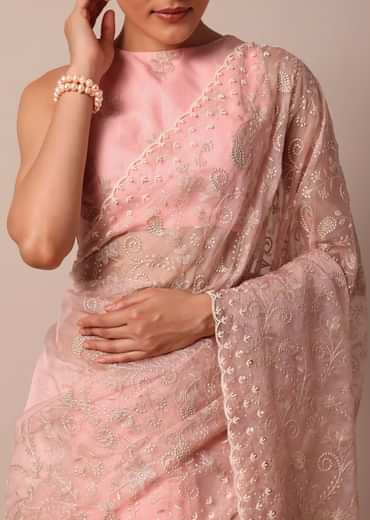 Pink Saree In Organza Silk With Chikankari Floral Work And Unstitched Blouse Fabric