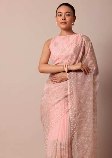 Pink Saree In Organza Silk With Chikankari Floral Work And Unstitched Blouse Fabric