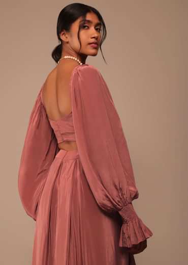 Pink Saree With Lantern Sleeved Blouse And Hand Worked Belt