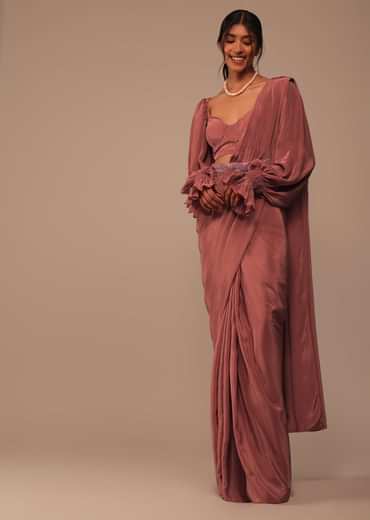 Pink Saree With Lantern Sleeved Blouse And Hand Worked Belt