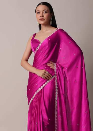Pink Satin Chinon Saree With Floral Motif Scallop Border And Unstitched Blouse Piece