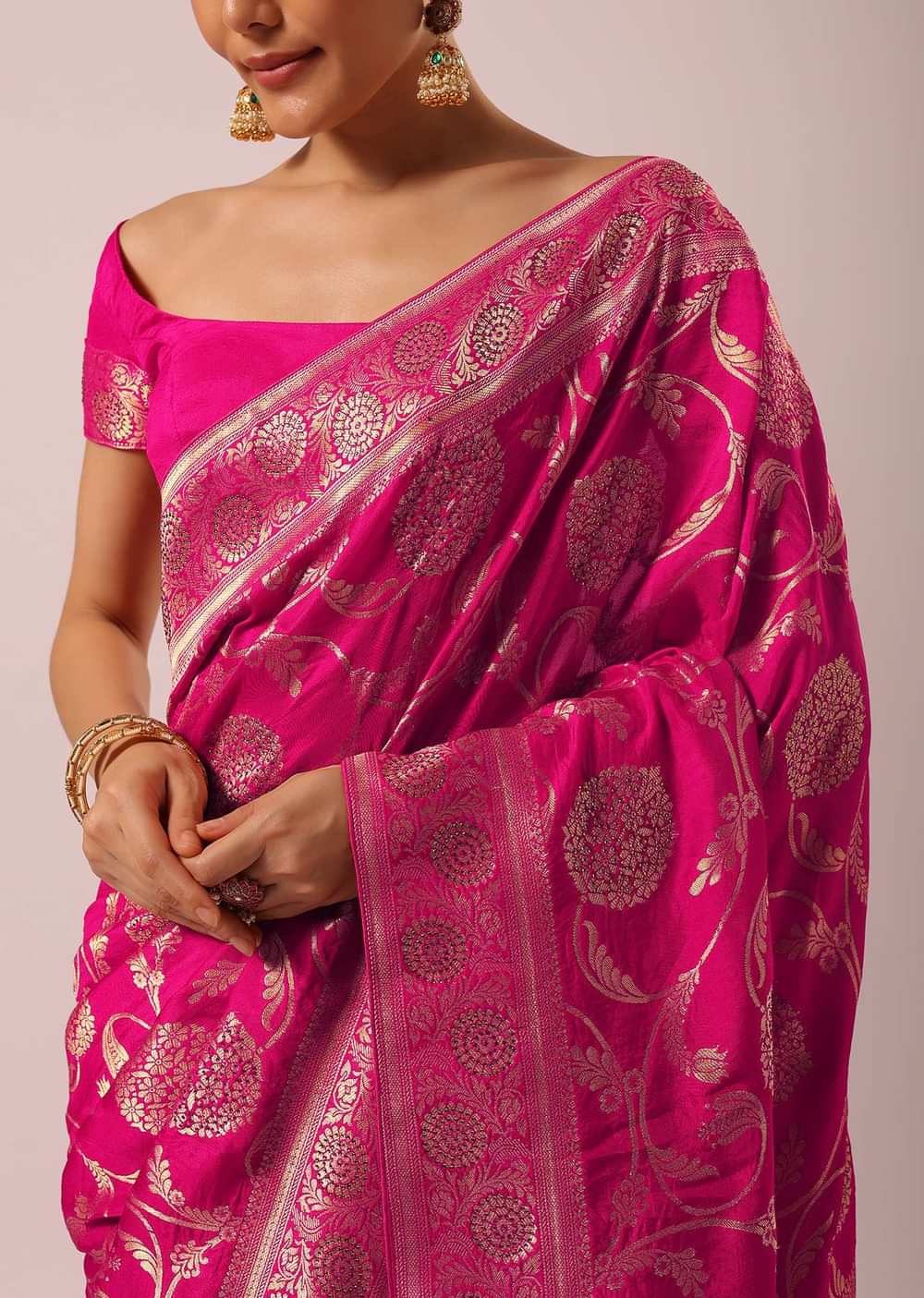 Pink Satin Organza Saree With Floral Jaal Weave