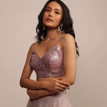 Pink Sequins Blouse With V Neckline And Straps