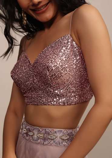 Pink Sequins Blouse With V Neckline And Straps