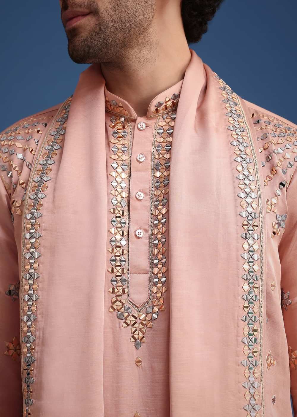 Pink Silk Blend Mirror Embroidered Kurta Dupatta Set