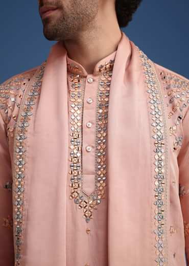 Pink Silk Blend Mirror Embroidered Kurta Dupatta Set
